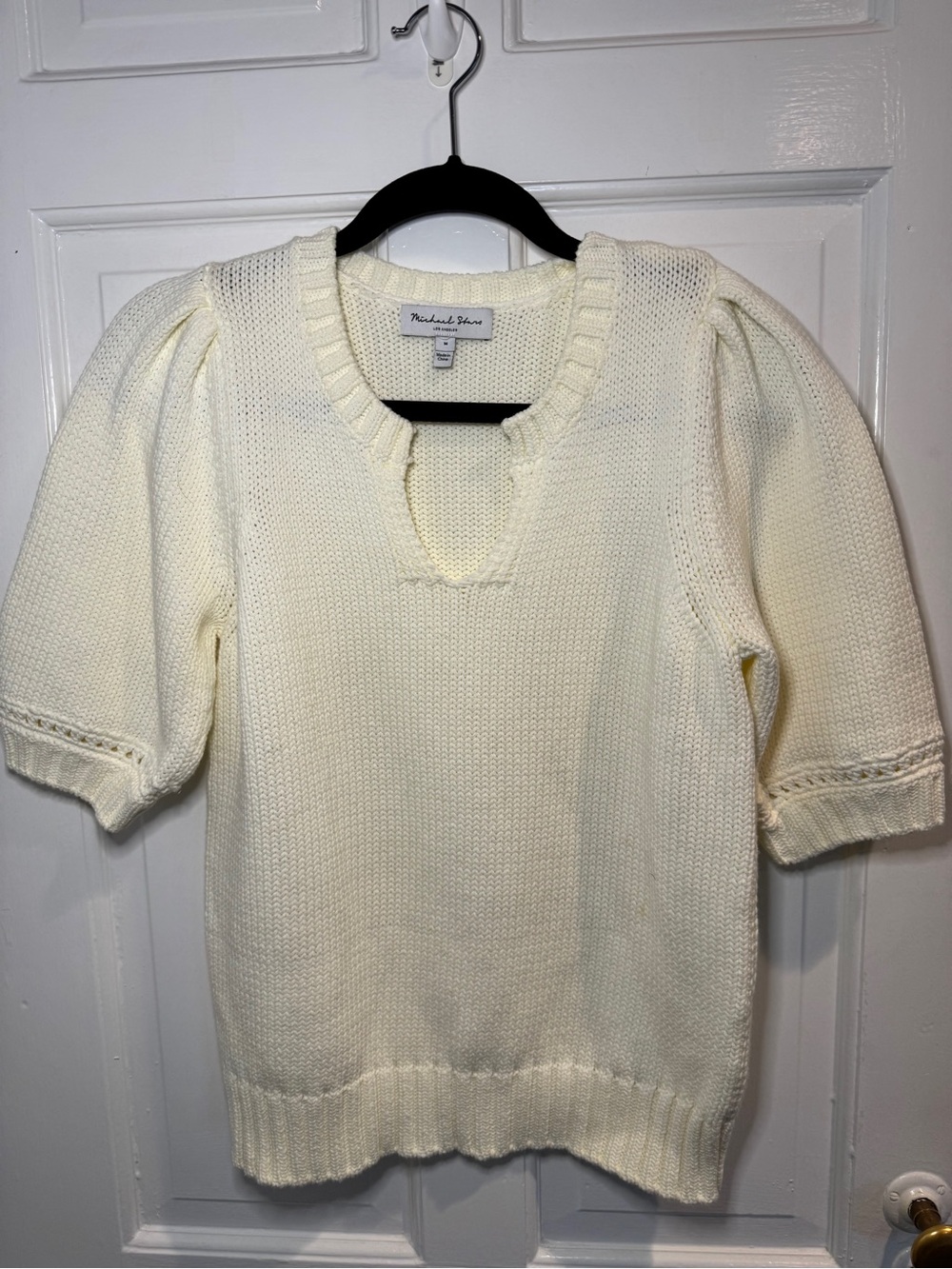Michael Stars Cream Puff-Sleeve Knit Top with Notch Neck